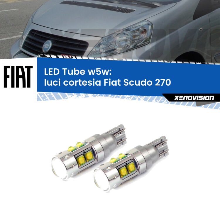 Luci Cortesia LED W5W Fiat Scudo 270 2007 - 2016 W5W Tube <strong>Luci Cortesia LED 6000k per Fiat Scudo</strong> 270 2007 - 2016. Lampadine <strong>W5W</strong> canbus modello Tube, luce bianco lunare, lunga durata e compatibilità.