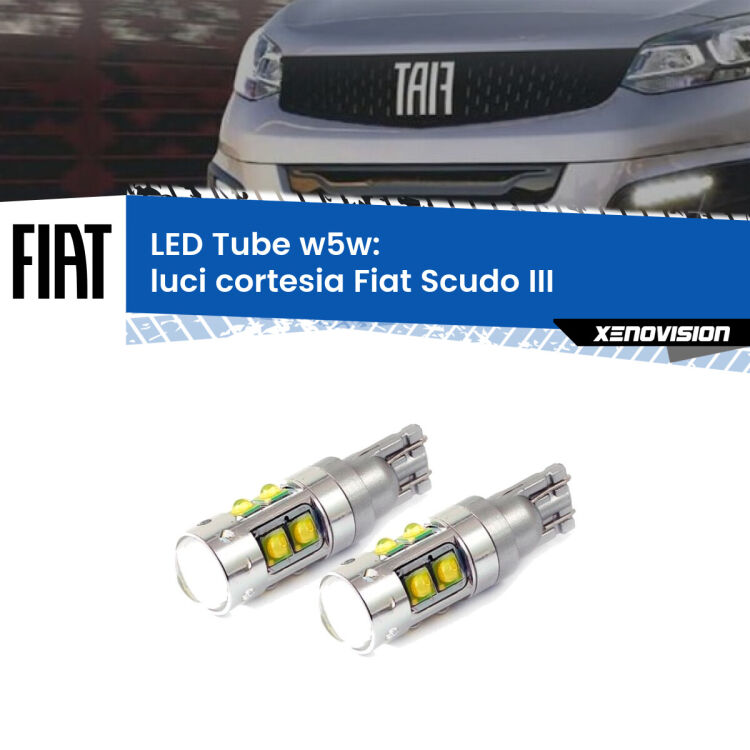 Luci Cortesia LED W5W Fiat Scudo III 2022 in poi W5W Tube <strong>Luci Cortesia LED 6000k per Fiat Scudo</strong> III 2022 in poi. Lampadine <strong>W5W</strong> canbus modello Tube, luce bianco lunare, lunga durata e compatibilità.