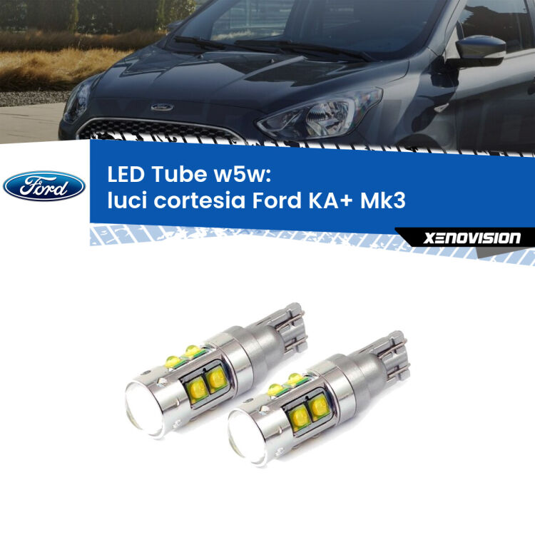 0 Luci Cortesia LED W5W Ford KA+ Mk3 2014 - 2018 W5W Tube <strong>Luci Cortesia LED 6000k per Ford KA+</strong> Mk3 2014 - 2018. Lampadine <strong>W5W</strong> canbus modello Tube, luce bianco lunare, lunga durata e compatibilità.