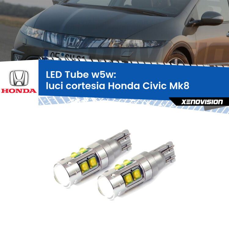 0 Luci Cortesia LED W5W Honda Civic Mk8 laterali W5W Tube <strong>Luci Cortesia LED 6000k per Honda Civic</strong> Mk8 laterali. Lampadine <strong>W5W</strong> canbus modello Tube, luce bianco lunare, lunga durata e compatibilità.