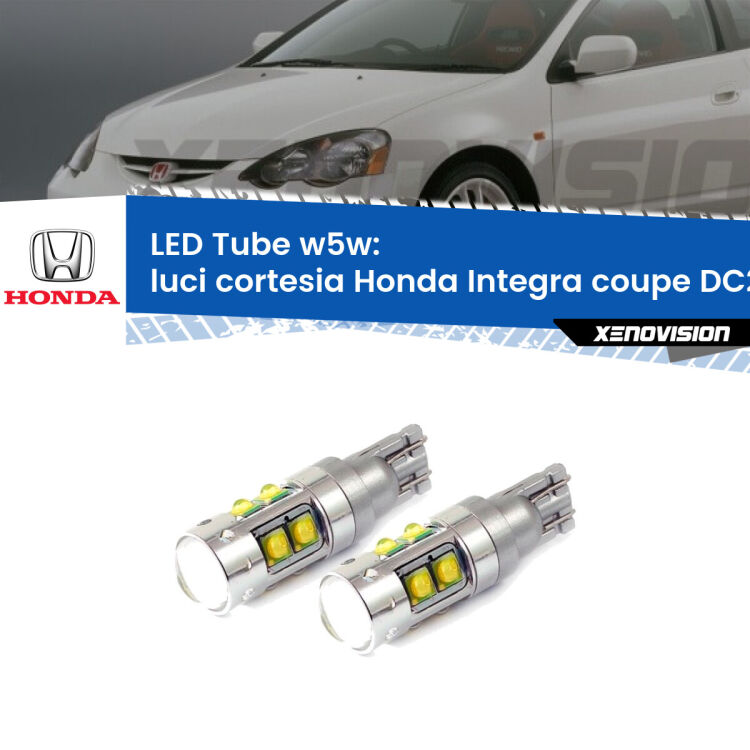 Luci Cortesia LED W5W Honda Integra coupe DC2, DC4 1997 - 2001 W5W Tube <strong>Luci Cortesia LED 6000k per Honda Integra coupe</strong> DC2, DC4 1997 - 2001. Lampadine <strong>W5W</strong> canbus modello Tube, luce bianco lunare, lunga durata e compatibilità.