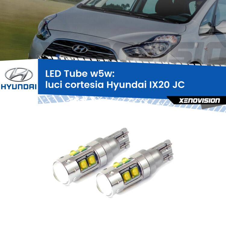 Luci Cortesia LED W5W Hyundai IX20 JC laterali W5W Tube <strong>Luci Cortesia LED 6000k per Hyundai IX20</strong> JC laterali. Lampadine <strong>W5W</strong> canbus modello Tube, luce bianco lunare, lunga durata e compatibilità.