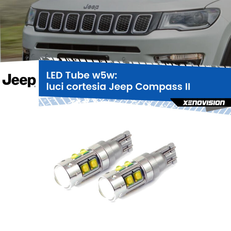 0 Luci Cortesia LED W5W Jeep Compass II 2017 in poi W5W Tube <strong>Luci Cortesia LED 6000k per Jeep Compass</strong> II 2017 in poi. Lampadine <strong>W5W</strong> canbus modello Tube, luce bianco lunare, lunga durata e compatibilità.