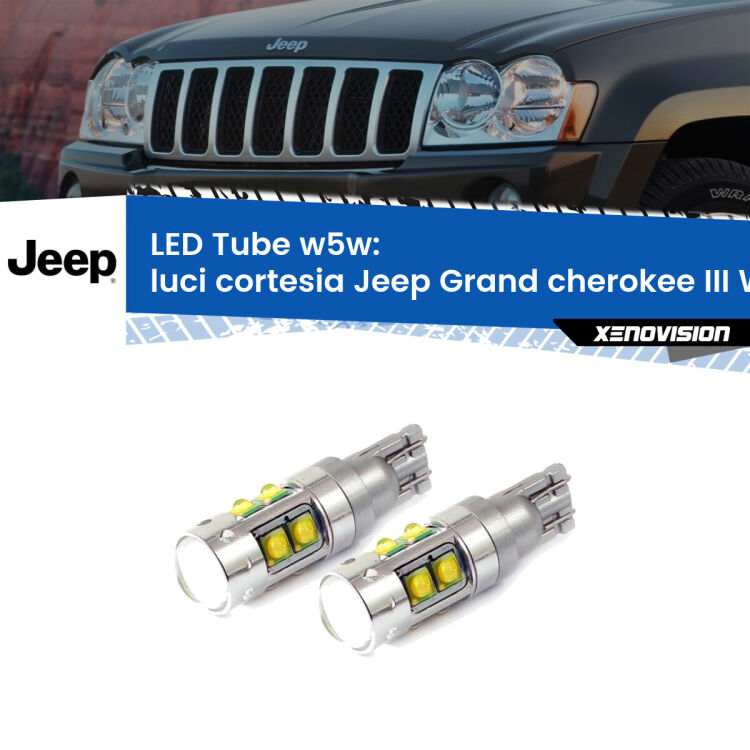 Luci Cortesia LED W5W Jeep Grand cherokee III WK 2005 - 2010 W5W Tube <strong>Luci Cortesia LED 6000k per Jeep Grand cherokee III</strong> WK 2005 - 2010. Lampadine <strong>W5W</strong> canbus modello Tube, luce bianco lunare, lunga durata e compatibilità.