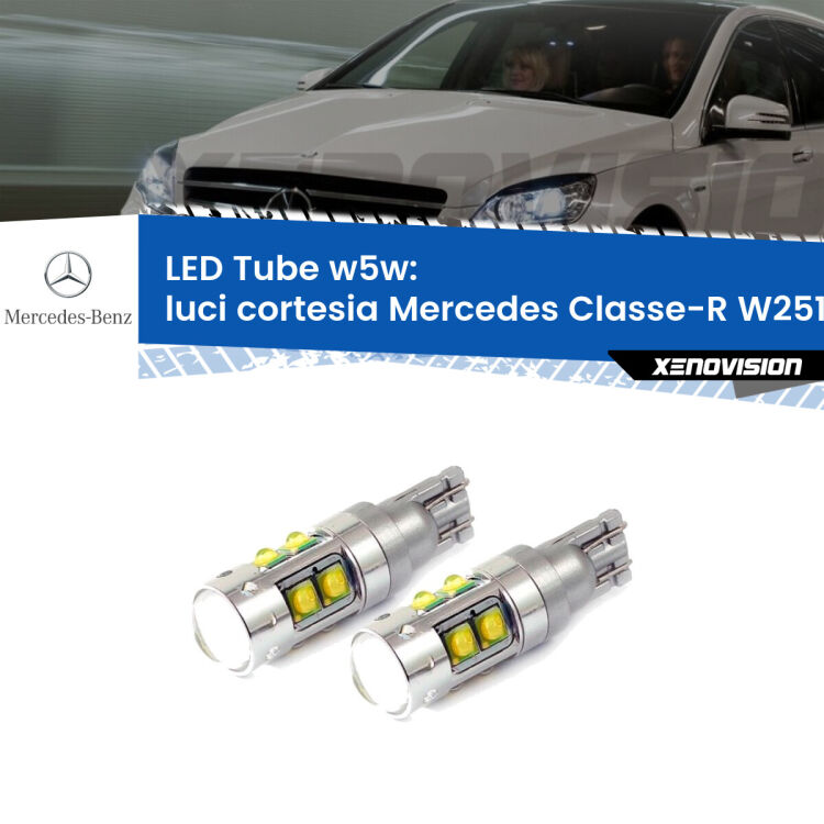 Luci Cortesia LED W5W Mercedes Classe-R W251, V251 2006 - 2014 W5W Tube <strong>Luci Cortesia LED 6000k per Mercedes Classe-R</strong> W251, V251 2006 - 2014. Lampadine <strong>W5W</strong> canbus modello Tube, luce bianco lunare, lunga durata e compatibilità.
