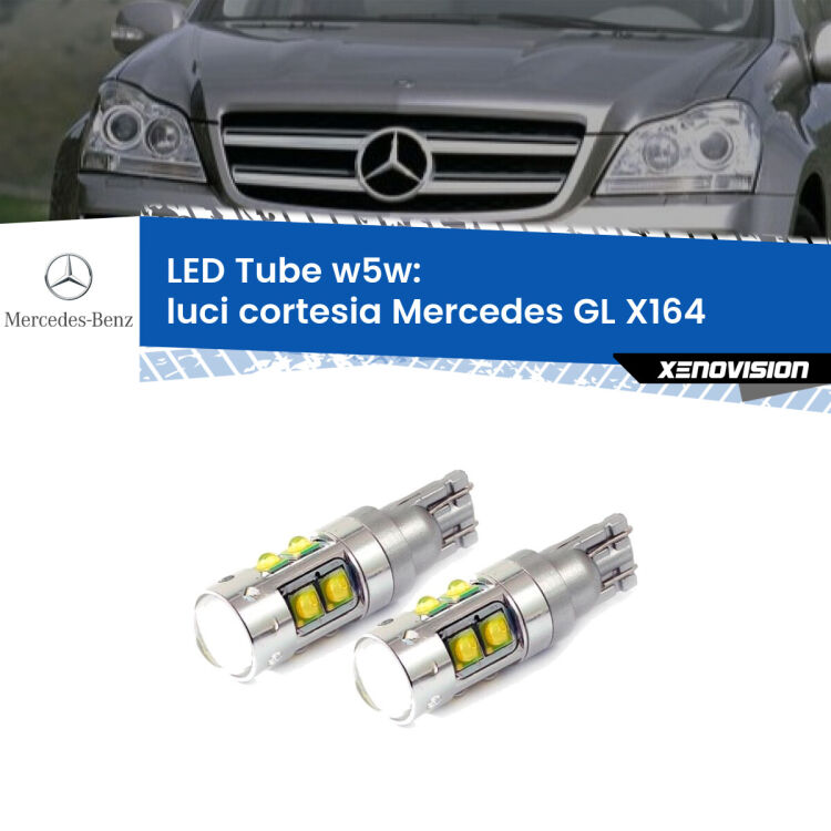 0 Luci Cortesia LED W5W Mercedes GL X164 2006 - 2012 W5W Tube <strong>Luci Cortesia LED 6000k per Mercedes GL</strong> X164 2006 - 2012. Lampadine <strong>W5W</strong> canbus modello Tube, luce bianco lunare, lunga durata e compatibilità.