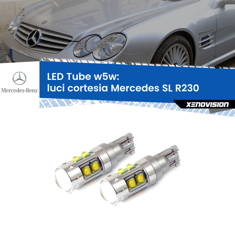 0 Luci Cortesia LED W5W Mercedes SL R230 2001 - 2012 W5W Tube <strong>Luci Cortesia LED 6000k per Mercedes SL</strong> R230 2001 - 2012. Lampadine <strong>W5W</strong> canbus modello Tube, luce bianco lunare, lunga durata e compatibilità.
