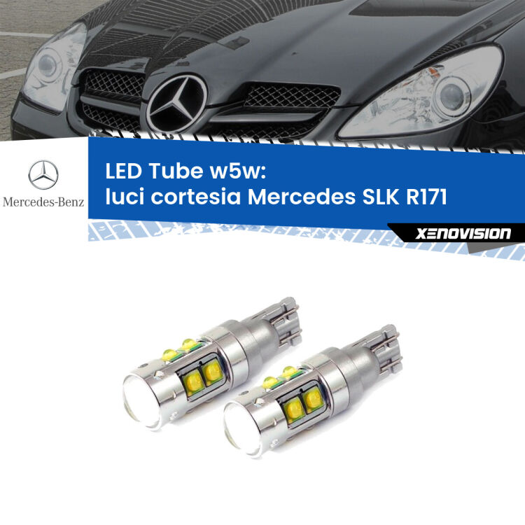 0 Luci Cortesia LED W5W Mercedes SLK R171 2006 - 2011 W5W Tube <strong>Luci Cortesia LED 6000k per Mercedes SLK</strong> R171 2006 - 2011. Lampadine <strong>W5W</strong> canbus modello Tube, luce bianco lunare, lunga durata e compatibilità.