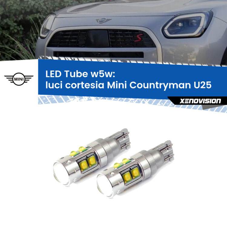 0 Luci Cortesia LED W5W Mini Countryman U25 in poi W5W Tube <strong>Luci Cortesia LED 6000k per Mini Countryman</strong> U25 in poi. Lampadine <strong>W5W</strong> canbus modello Tube, luce bianco lunare, lunga durata e compatibilità.