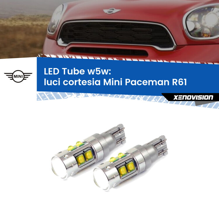 0 Luci Cortesia LED W5W Mini Paceman R61 2012 - 2016 W5W Tube <strong>Luci Cortesia LED 6000k per Mini Paceman</strong> R61 2012 - 2016. Lampadine <strong>W5W</strong> canbus modello Tube, luce bianco lunare, lunga durata e compatibilità.