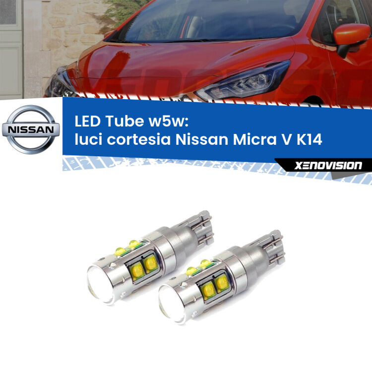Luci Cortesia LED W5W Nissan Micra V K14 2016 in poi W5W Tube <strong>Luci Cortesia LED 6000k per Nissan Micra V</strong> K14 2016 in poi. Lampadine <strong>W5W</strong> canbus modello Tube, luce bianco lunare, lunga durata e compatibilità.