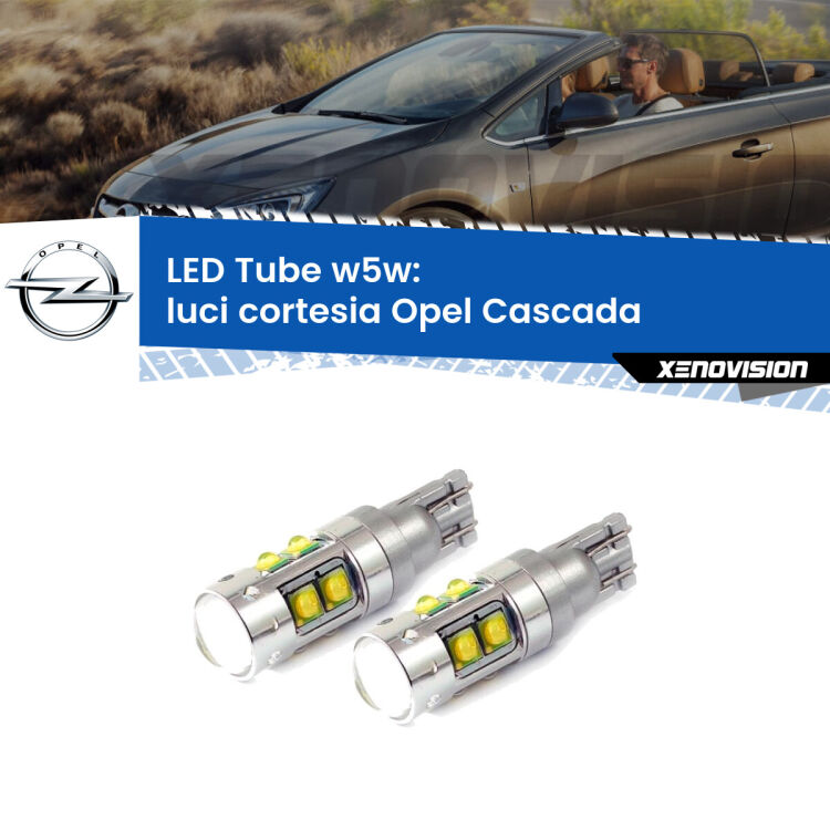 0 Luci Cortesia LED W5W Opel Cascada  2013 - 2019 W5W Tube <strong>Luci Cortesia LED 6000k per Opel Cascada</strong>  2013 - 2019. Lampadine <strong>W5W</strong> canbus modello Tube, luce bianco lunare, lunga durata e compatibilità.