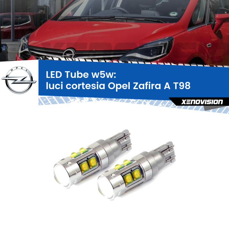 0 Luci Cortesia LED W5W Opel Zafira A T98 1999 - 2005 W5W Tube <strong>Luci Cortesia LED 6000k per Opel Zafira A</strong> T98 1999 - 2005. Lampadine <strong>W5W</strong> canbus modello Tube, luce bianco lunare, lunga durata e compatibilità.