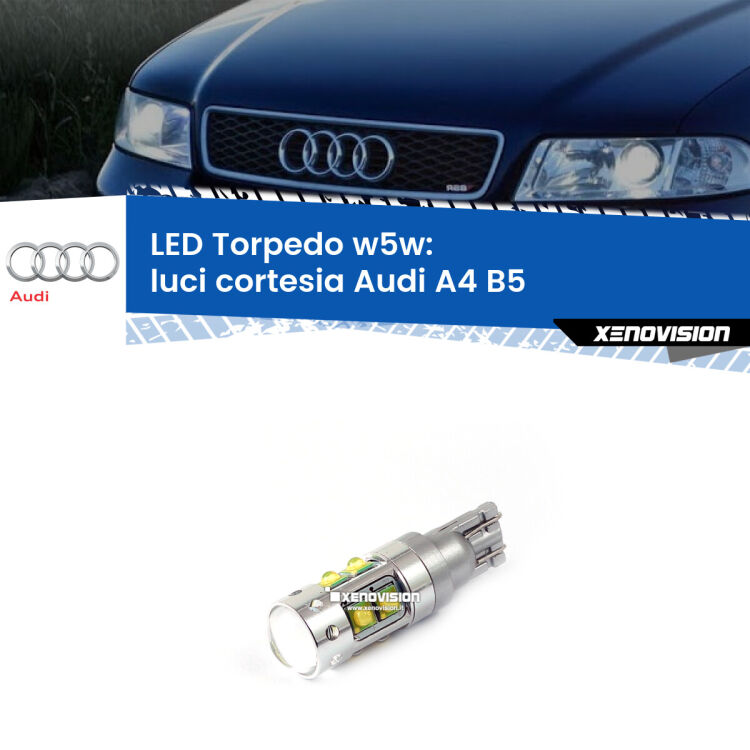 <strong>Luci Cortesia LED 6000k per Audi A4</strong> B5 posteriori. Lampadine <strong>W5W</strong> canbus modello Torpedo.