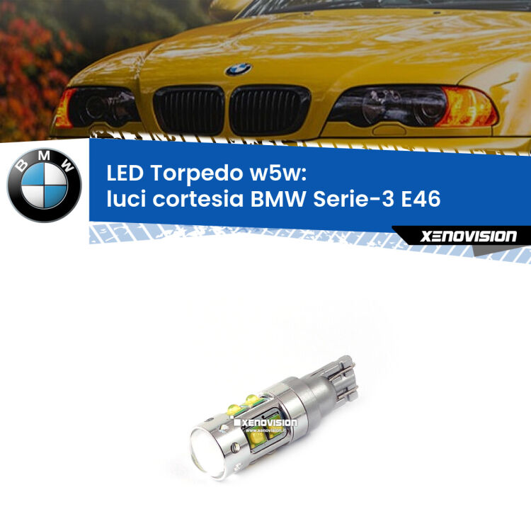 <strong>Luci Cortesia LED 6000k per BMW Serie-3</strong> E46 centrali. Lampadine <strong>W5W</strong> canbus modello Torpedo.
