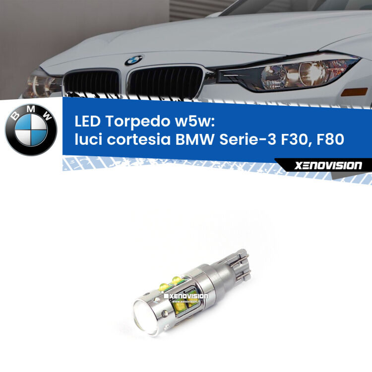 <strong>Luci Cortesia LED 6000k per BMW Serie-3</strong> F30, F80 posteriori. Lampadine <strong>W5W</strong> canbus modello Torpedo.