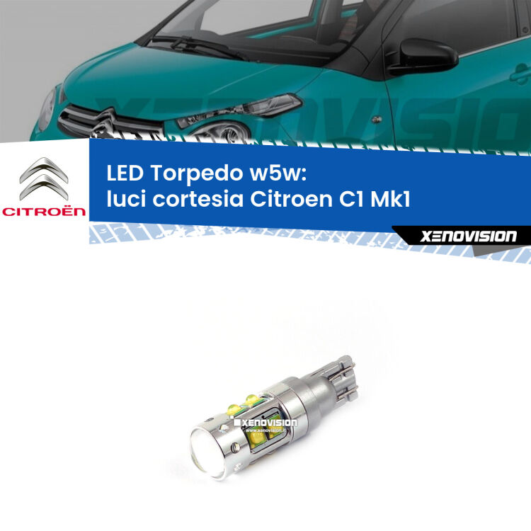 <strong>Luci Cortesia LED 6000k per Citroen C1</strong> Mk1 2005 - 2013. Lampadine <strong>W5W</strong> canbus modello Torpedo.