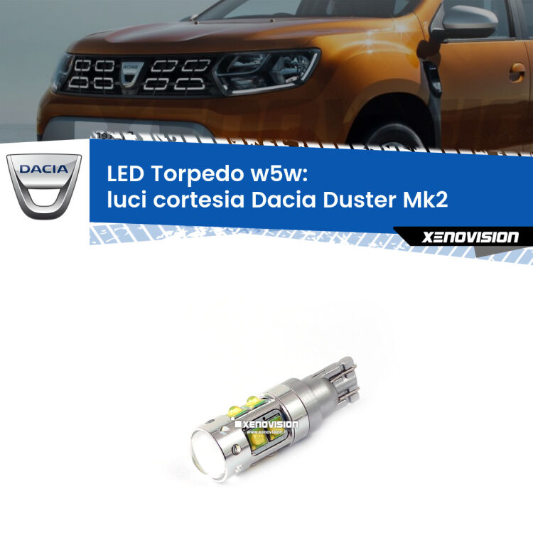 <strong>Luci Cortesia LED 6000k per Dacia Duster</strong> Mk2 2017 in poi. Lampadine <strong>W5W</strong> canbus modello Torpedo.