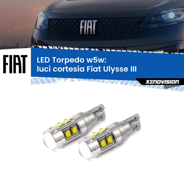 Luci Cortesia LED W5W Fiat Ulysse III 2022 in poi W5W Tube <strong>Luci Cortesia LED 6000k per Fiat Ulysse</strong> III 2022 in poi. Lampadine <strong>W5W</strong> canbus modello Tube, luce bianco lunare, lunga durata e compatibilità.