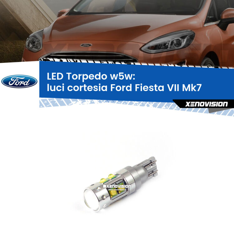 <strong>Luci Cortesia LED 6000k per Ford Fiesta VII</strong> Mk7 2017 - 2020. Lampadine <strong>W5W</strong> canbus modello Torpedo.