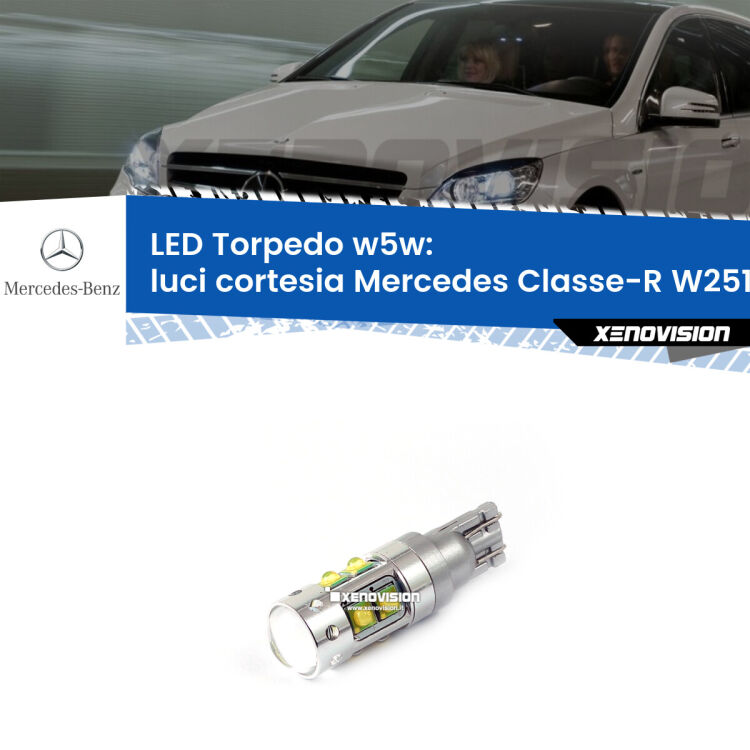 <strong>Luci Cortesia LED 6000k per Mercedes Classe-R</strong> W251, V251 2006 - 2014. Lampadine <strong>W5W</strong> canbus modello Torpedo.
