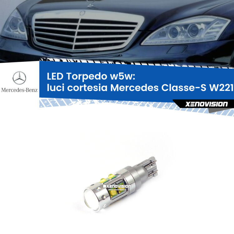 <strong>Luci Cortesia LED 6000k per Mercedes Classe-S</strong> W221 2005 - 2013. Lampadine <strong>W5W</strong> canbus modello Torpedo.