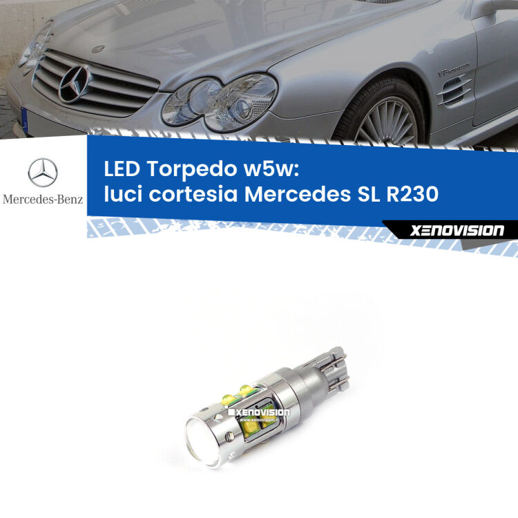 <strong>Luci Cortesia LED 6000k per Mercedes SL</strong> R230 2001 - 2012. Lampadine <strong>W5W</strong> canbus modello Torpedo.