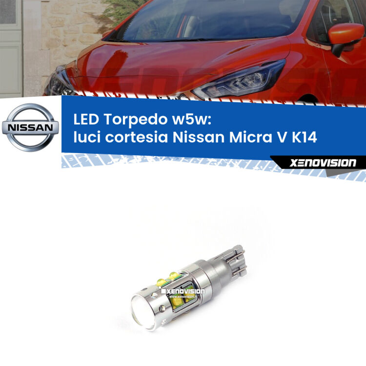 <strong>Luci Cortesia LED 6000k per Nissan Micra V</strong> K14 2016 in poi. Lampadine <strong>W5W</strong> canbus modello Torpedo.