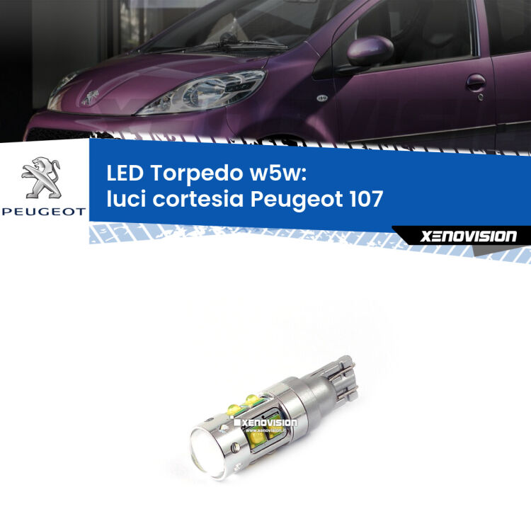 <strong>Luci Cortesia LED 6000k per Peugeot 107</strong>  2005 - 2014. Lampadine <strong>W5W</strong> canbus modello Torpedo.