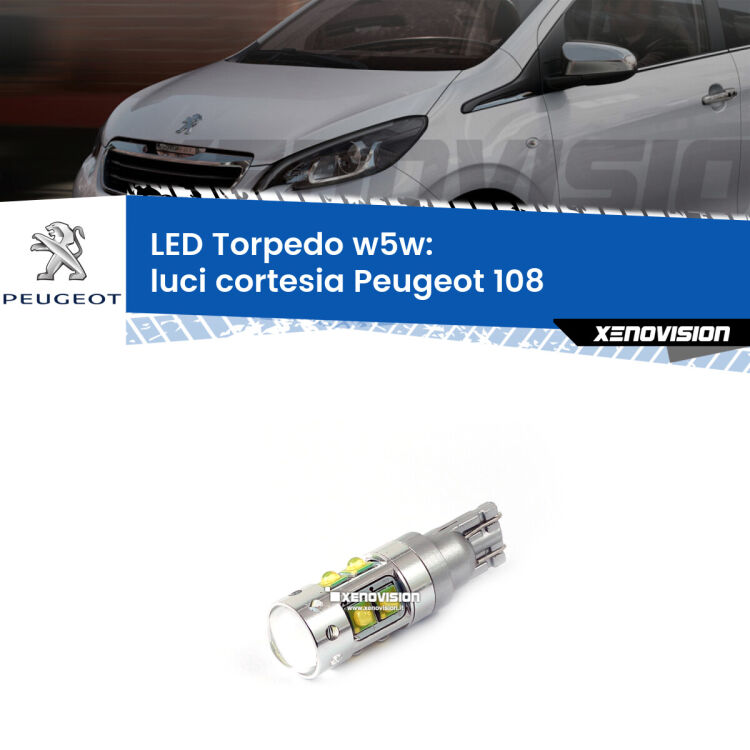 <strong>Luci Cortesia LED 6000k per Peugeot 108</strong>  2014 - 2021. Lampadine <strong>W5W</strong> canbus modello Torpedo.