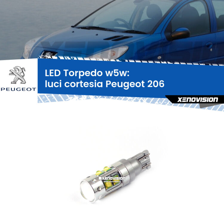 <strong>Luci Cortesia LED 6000k per Peugeot 206</strong>  1998 - 2009. Lampadine <strong>W5W</strong> canbus modello Torpedo.