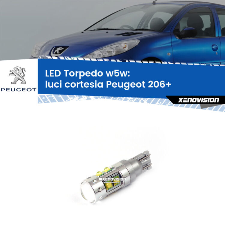 <strong>Luci Cortesia LED 6000k per Peugeot 206+</strong>  2009 - 2013. Lampadine <strong>W5W</strong> canbus modello Torpedo.