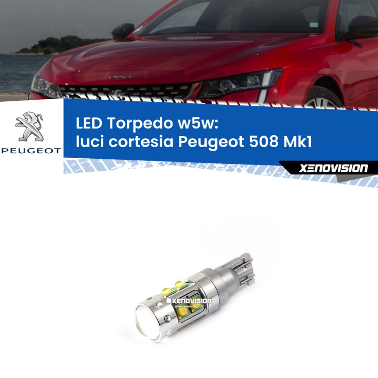 <strong>Luci Cortesia LED 6000k per Peugeot 508</strong> Mk1 2010 - 2017. Lampadine <strong>W5W</strong> canbus modello Torpedo.