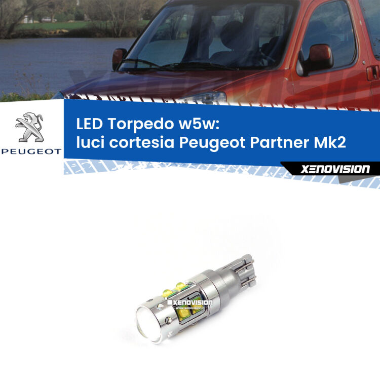 <strong>Luci Cortesia LED 6000k per Peugeot Partner</strong> Mk2 2008 - 2016. Lampadine <strong>W5W</strong> canbus modello Torpedo.
