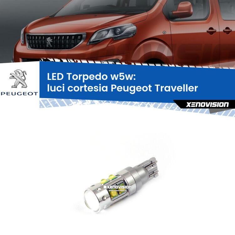 <strong>Luci Cortesia LED 6000k per Peugeot Traveller</strong>  2016 in poi. Lampadine <strong>W5W</strong> canbus modello Torpedo.