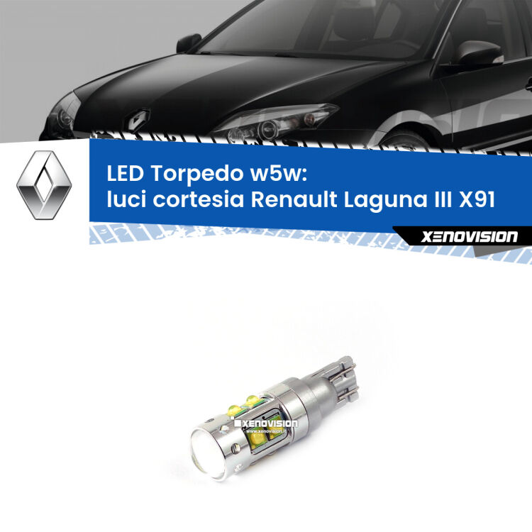<strong>Luci Cortesia LED 6000k per Renault Laguna III</strong> X91 2007 - 2015. Lampadine <strong>W5W</strong> canbus modello Torpedo.