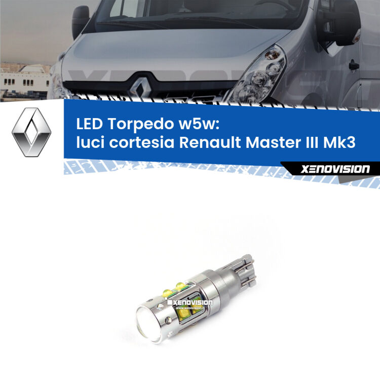 <strong>Luci Cortesia LED 6000k per Renault Master III</strong> Mk3 posteriori. Lampadine <strong>W5W</strong> canbus modello Torpedo.