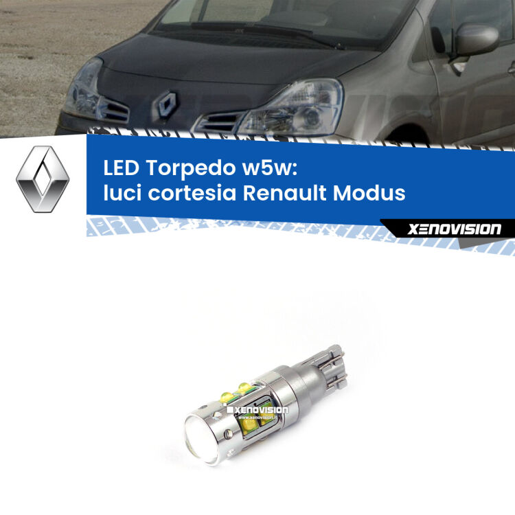 <strong>Luci Cortesia LED 6000k per Renault Modus</strong>  2004 - 2012. Lampadine <strong>W5W</strong> canbus modello Torpedo.