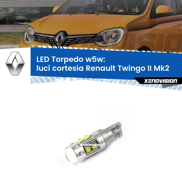 <strong>Luci Cortesia LED 6000k per Renault Twingo II</strong> Mk2 2007 - 2013. Lampadine <strong>W5W</strong> canbus modello Torpedo.
