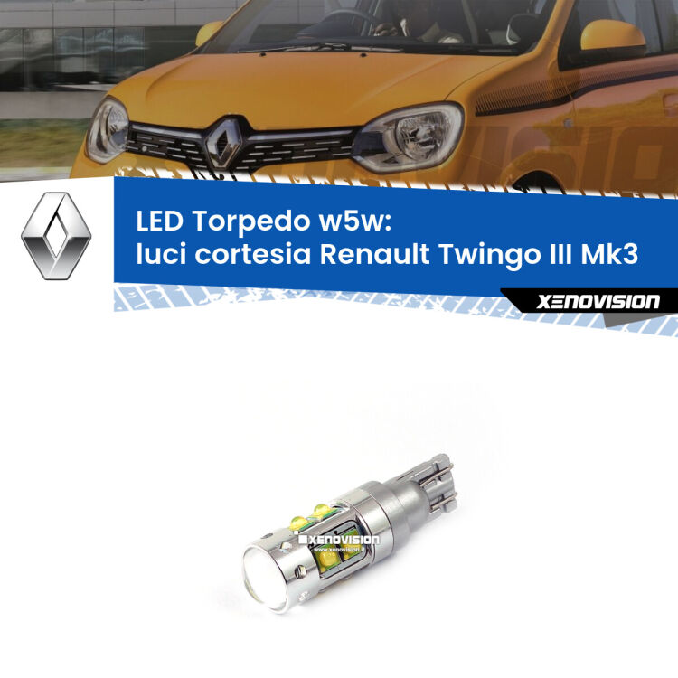 <strong>Luci Cortesia LED 6000k per Renault Twingo III</strong> Mk3 2014 - 2021. Lampadine <strong>W5W</strong> canbus modello Torpedo.