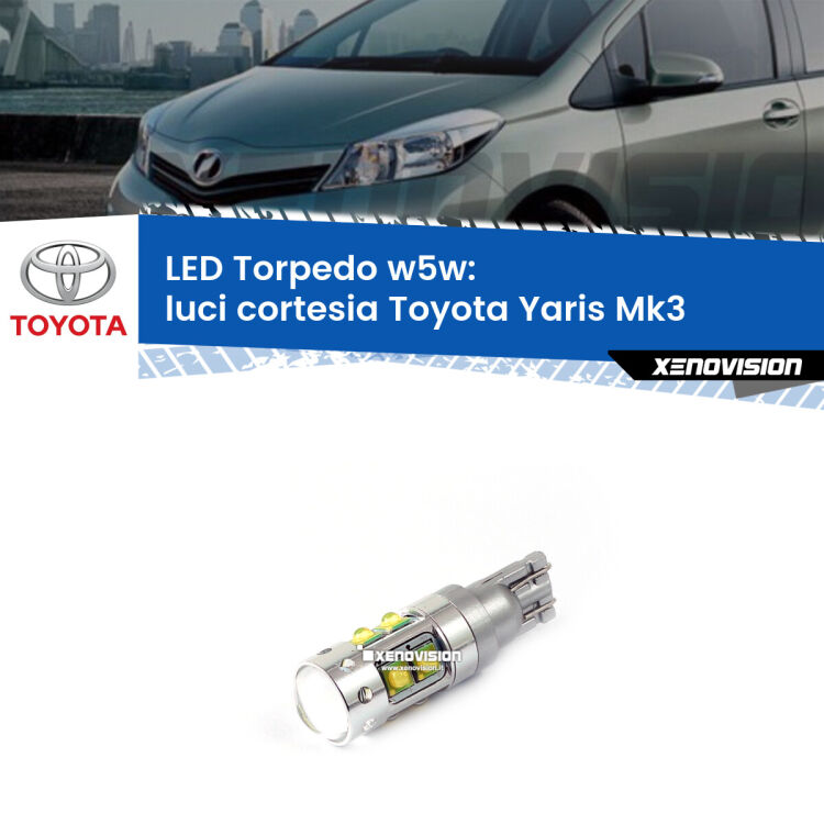 <strong>Luci Cortesia LED 6000k per Toyota Yaris</strong> Mk3 2010 - 2019. Lampadine <strong>W5W</strong> canbus modello Torpedo.