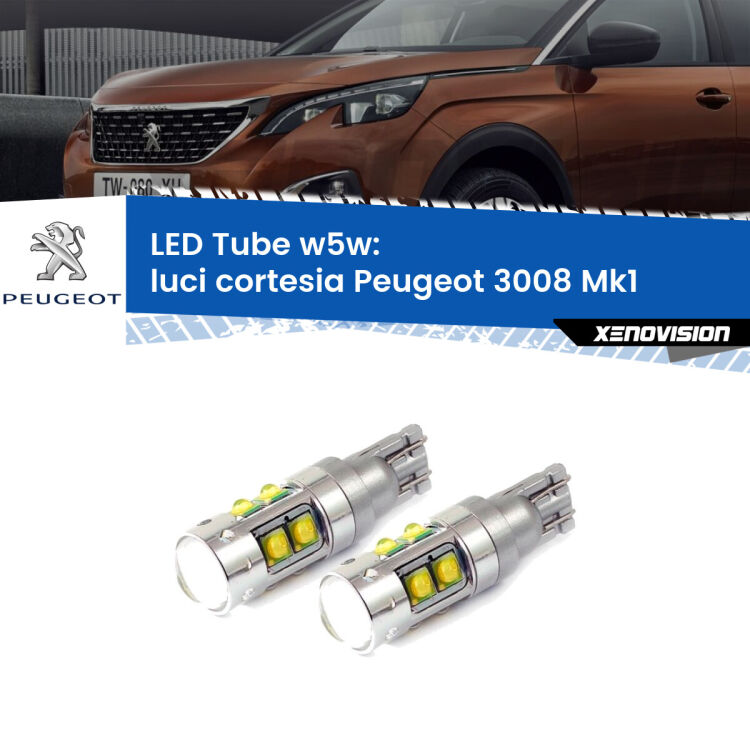 0 Luci Cortesia LED W5W Peugeot 3008 Mk1 2008 - 2015 W5W Tube <strong>Luci Cortesia LED 6000k per Peugeot 3008</strong> Mk1 2008 - 2015. Lampadine <strong>W5W</strong> canbus modello Tube, luce bianco lunare, lunga durata e compatibilità.
