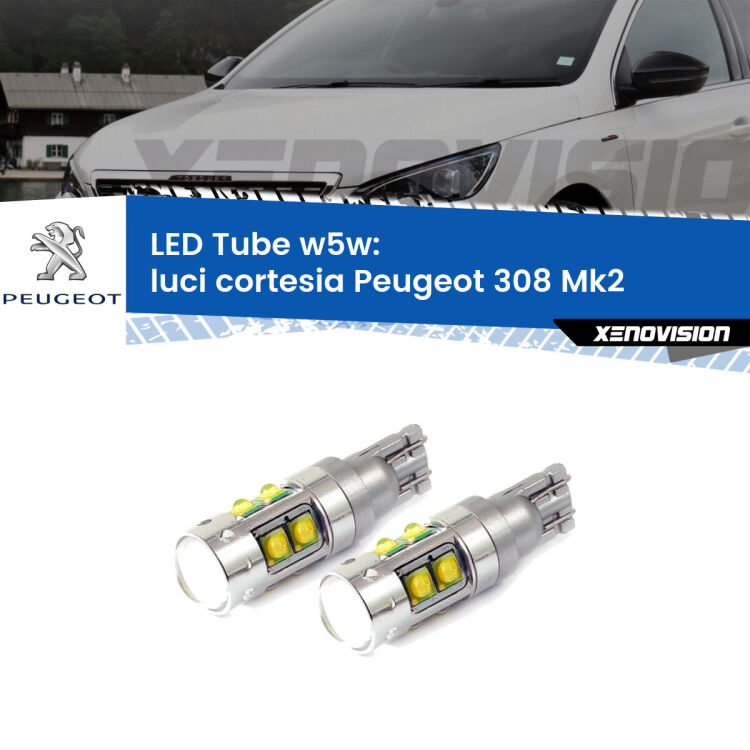 0 Luci Cortesia LED W5W Peugeot 308 Mk2 2013 - 2019 W5W Tube <strong>Luci Cortesia LED 6000k per Peugeot 308</strong> Mk2 2013 - 2019. Lampadine <strong>W5W</strong> canbus modello Tube, luce bianco lunare, lunga durata e compatibilità.