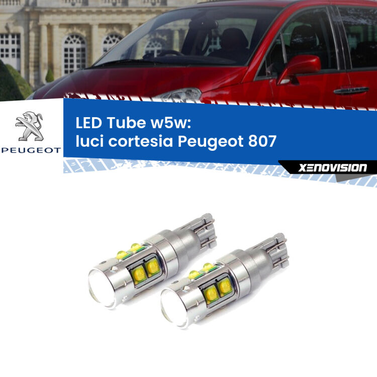 0 Luci Cortesia LED W5W Peugeot 807 2002 - 2010 W5W Tube <strong>Luci Cortesia LED 6000k per Peugeot 807</strong> 2002 - 2010. Lampadine <strong>W5W</strong> canbus modello Tube, luce bianco lunare, lunga durata e compatibilità.