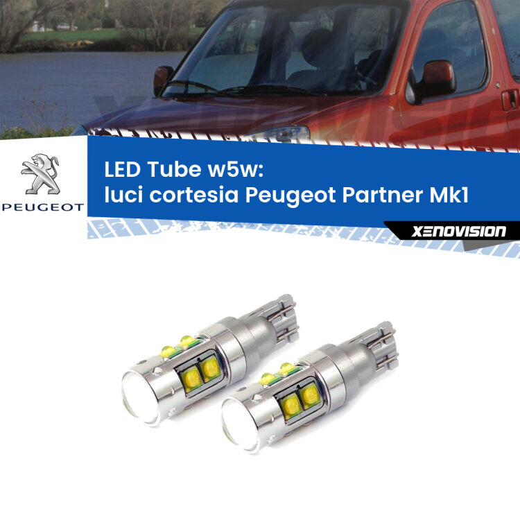 0 Luci Cortesia LED W5W Peugeot Partner Mk1 1996 - 2007 W5W Tube <strong>Luci Cortesia LED 6000k per Peugeot Partner</strong> Mk1 1996 - 2007. Lampadine <strong>W5W</strong> canbus modello Tube, luce bianco lunare, lunga durata e compatibilità.
