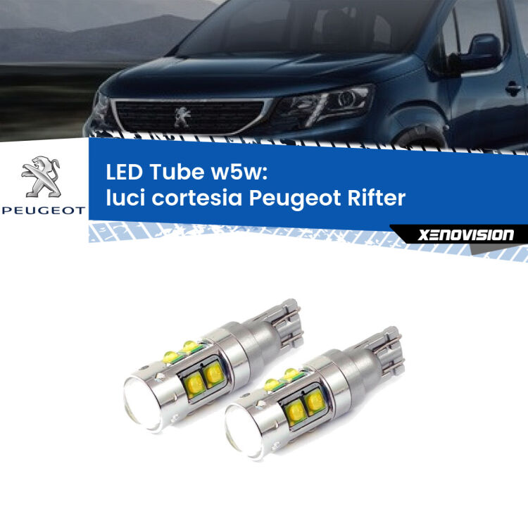 Luci Cortesia LED W5W Peugeot Rifter 2018 in poi W5W Tube <strong>Luci Cortesia LED 6000k per Peugeot Rifter</strong> 2018 in poi. Lampadine <strong>W5W</strong> canbus modello Tube, luce bianco lunare, lunga durata e compatibilità.