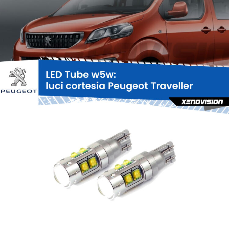 0 Luci Cortesia LED W5W Peugeot Traveller 2016 in poi W5W Tube <strong>Luci Cortesia LED 6000k per Peugeot Traveller</strong> 2016 in poi. Lampadine <strong>W5W</strong> canbus modello Tube, luce bianco lunare, lunga durata e compatibilità.