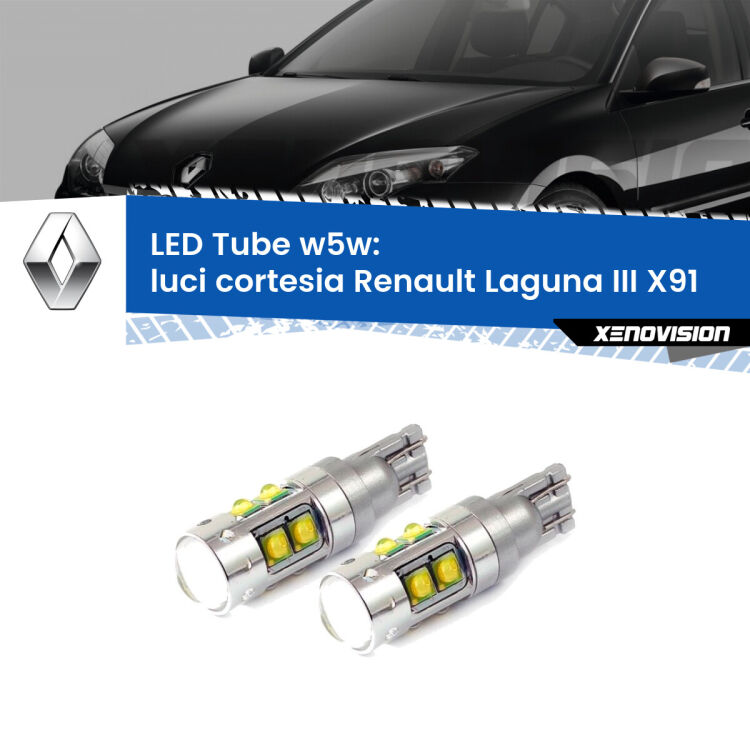 Luci Cortesia LED W5W Renault Laguna III X91 2007 - 2015 W5W Tube <strong>Luci Cortesia LED 6000k per Renault Laguna III</strong> X91 2007 - 2015. Lampadine <strong>W5W</strong> canbus modello Tube, luce bianco lunare, lunga durata e compatibilità.