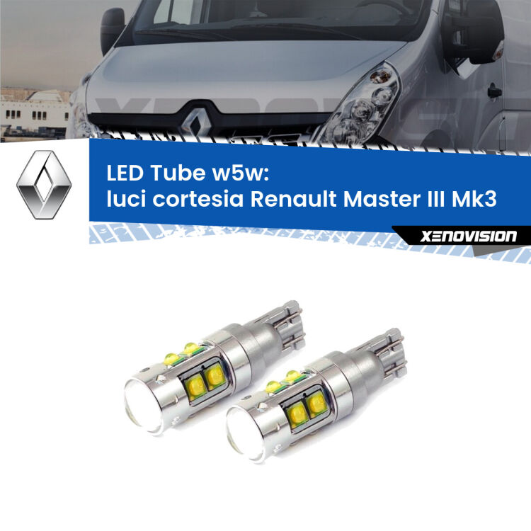 Luci Cortesia LED W5W Renault Master III Mk3 posteriori W5W Tube <strong>Luci Cortesia LED 6000k per Renault Master III</strong> Mk3 posteriori. Lampadine <strong>W5W</strong> canbus modello Tube, luce bianco lunare, lunga durata e compatibilità.