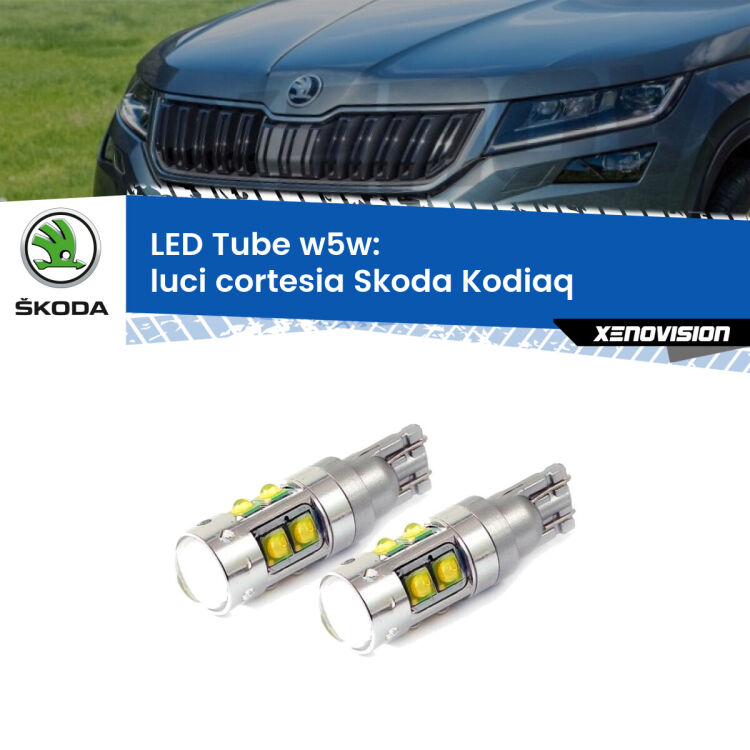 0 Luci Cortesia LED W5W Skoda Kodiaq 2016 in poi W5W Tube <strong>Luci Cortesia LED 6000k per Skoda Kodiaq</strong> 2016 in poi. Lampadine <strong>W5W</strong> canbus modello Tube, luce bianco lunare, lunga durata e compatibilità.